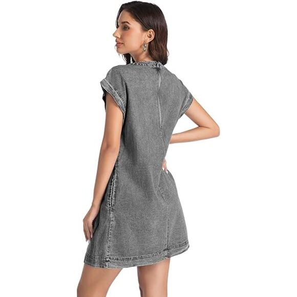 Denim V Neck Shorts Sleeves Tie Front Ruffle Dress with Pockets, XL, 4N-149D008 - Picture 2 of 2